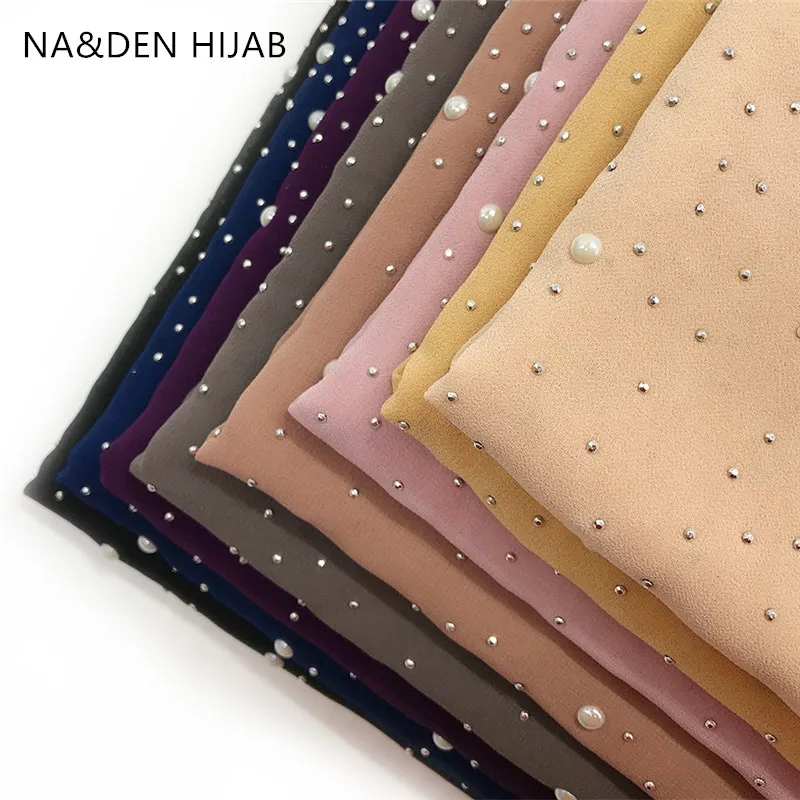 

Women scarf solid plain chiffon pearls hot diamonds shawl foulard new fashion Muslim echarpe hijabs bandana 10pcs fast shipping