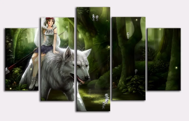 5 Piece Canvas Painting Princess Mononoke HD Print The White Wolf Poster Wall Art Decor For Living Room | Дом и сад