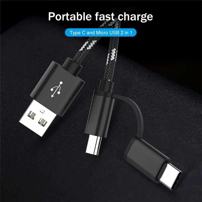2 в 1 usb зарядный кабель для samsung оплетка Micro usb type C данные синхронизировать мобильный телефон USB C type-C кабель код для Xiaomi huawei LG