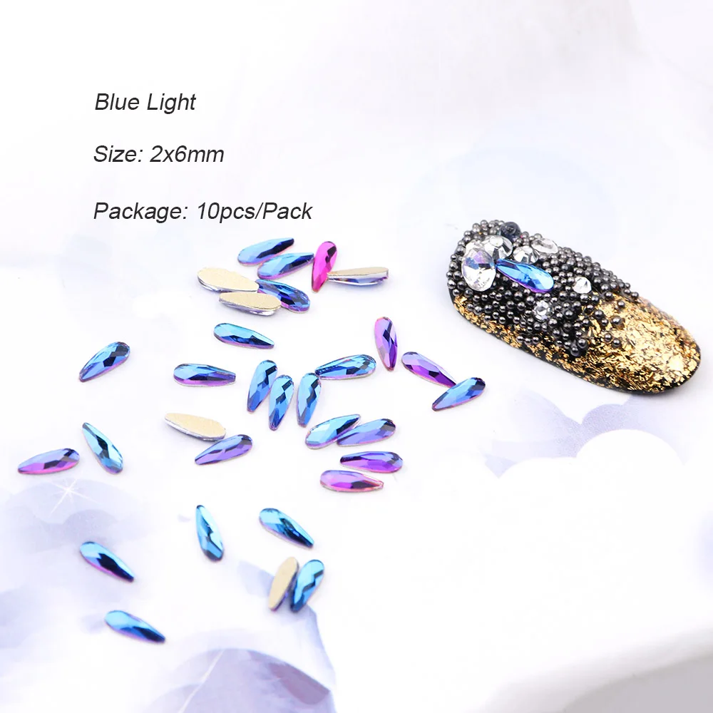 Blue Light 10 шт водные Стразы в виде капли кристаллы для ногтей мини-алмаз розовый фиолетовый золотой с плоской задней частью стразы для дизайна ногтей украшения BE905 - Цвет: Blue Light