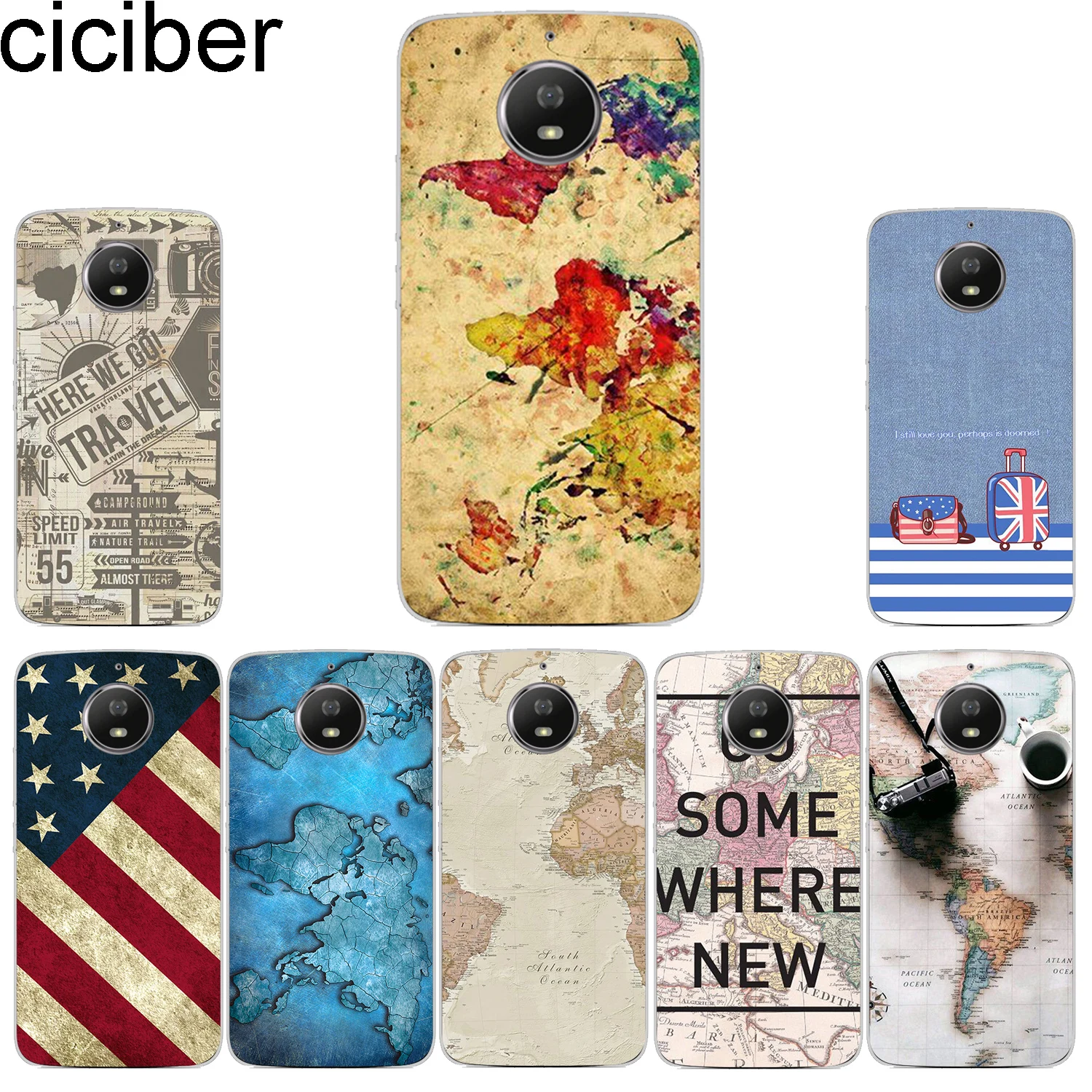 ciciber Phone Case for Motorola Moto G6 G5 G4 G5S M Soft TPU E5 E4 Z2 Z3 C Play Plus Go X4 One Power Back World Map |
