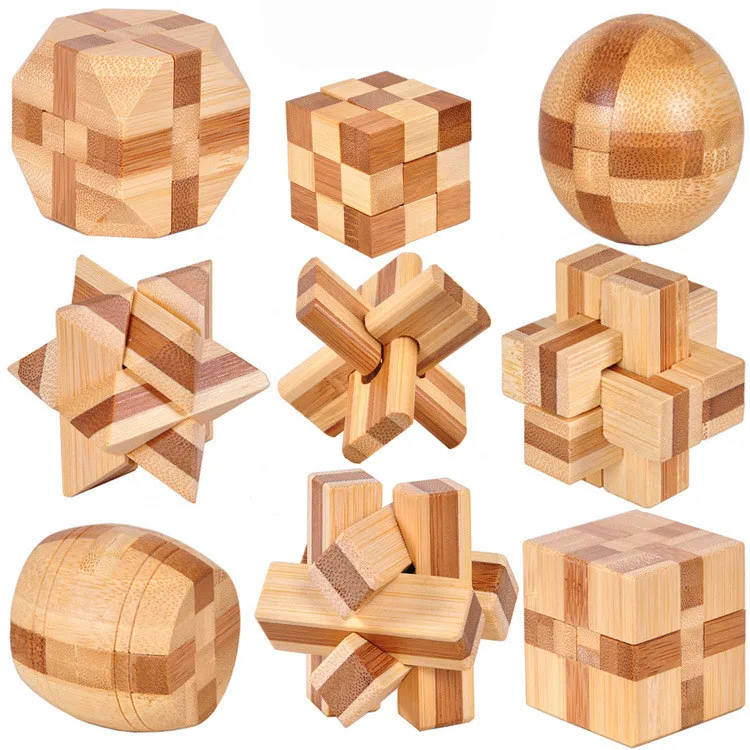 New Design 2 Size Big Small IQ Brain Teaser Bamboo Kong Ming Lock 3D Wooden Interlocking Burr Puzzles Game Toy For Adults Kids