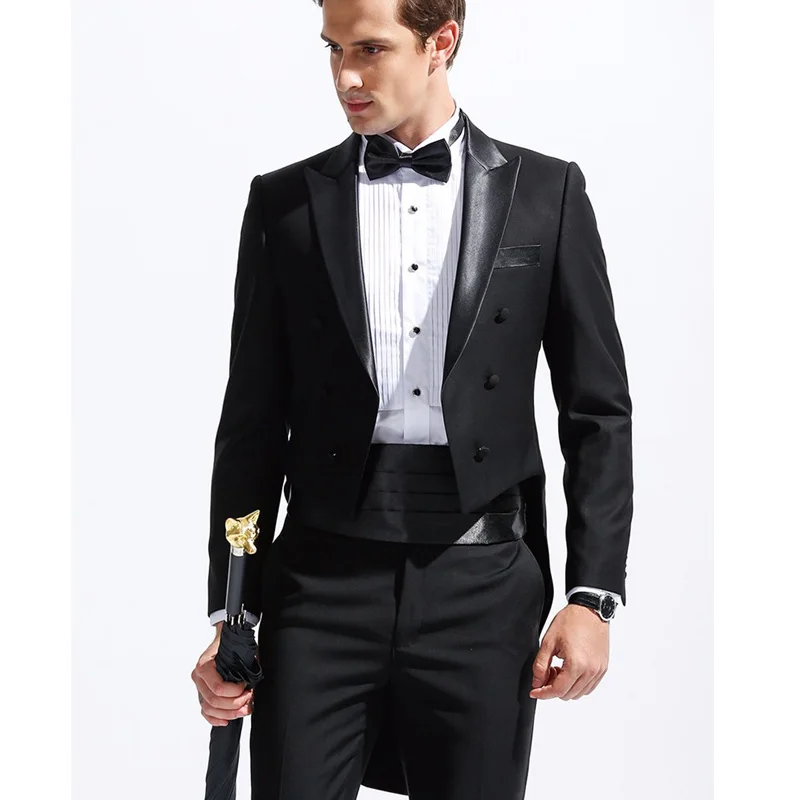 

Custom Made Groomsmen Black Tailcoat Style Groom Tuxedos Peak Satin Men Suits Wedding Best Man ( Jacket+Pants+Girdle+Tie ) C252