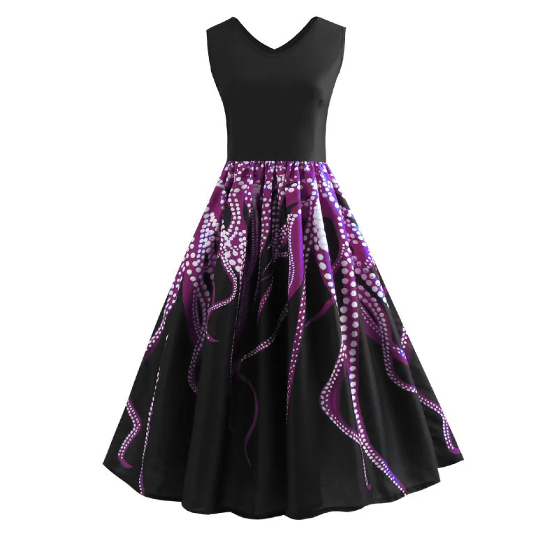 Платье женское винтажное без рукавов с принтом А-силуэта 50s 60s 70s большой размер