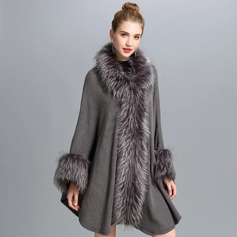 Fake Fur Coat Spring Lady Loose Gray Knitted Shawl Black Cardigan For Women Fashion Fake Fur Bat Sleeve Poncho And Cape Coat