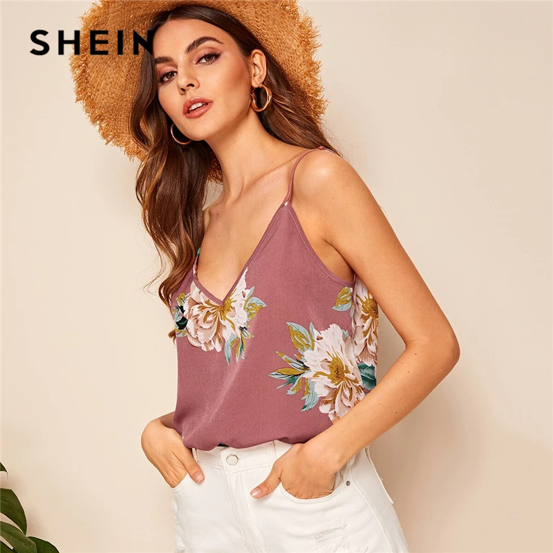 Шеин Двойной Глубокий V шеи цветочные Cami Top Boho Женская одежда Спагетти ремень топы Летний жилет топы