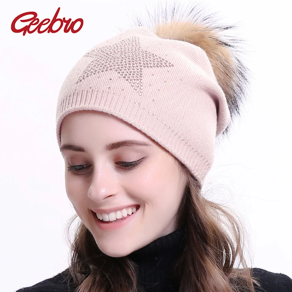 

Geebro Women's Cashmere Beanie Hat with Raccoon Fur Pompom Winter Knitted Warm Slouchy Beanie Female Star Rhinestones Skullies