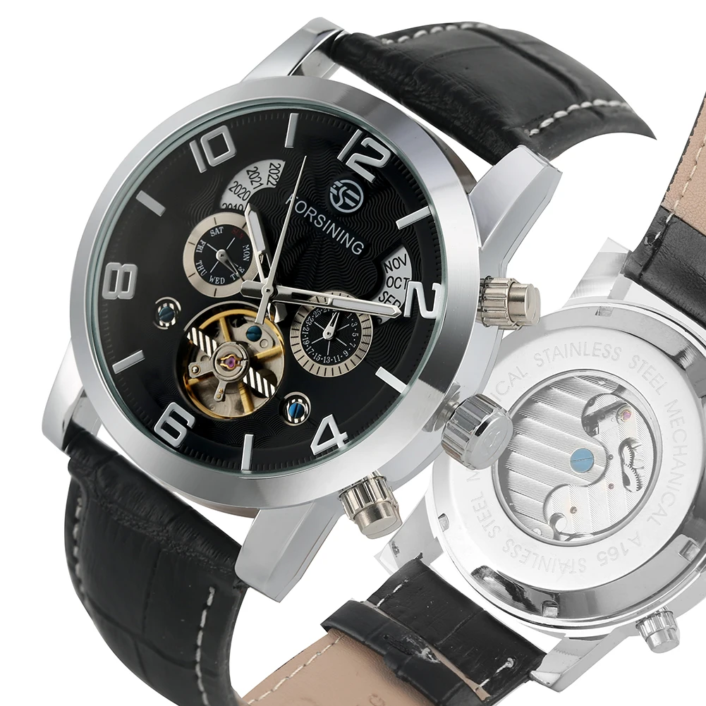 Tourbillon Сталь Скелет механические часы с автоподзаводом натуральная кожа