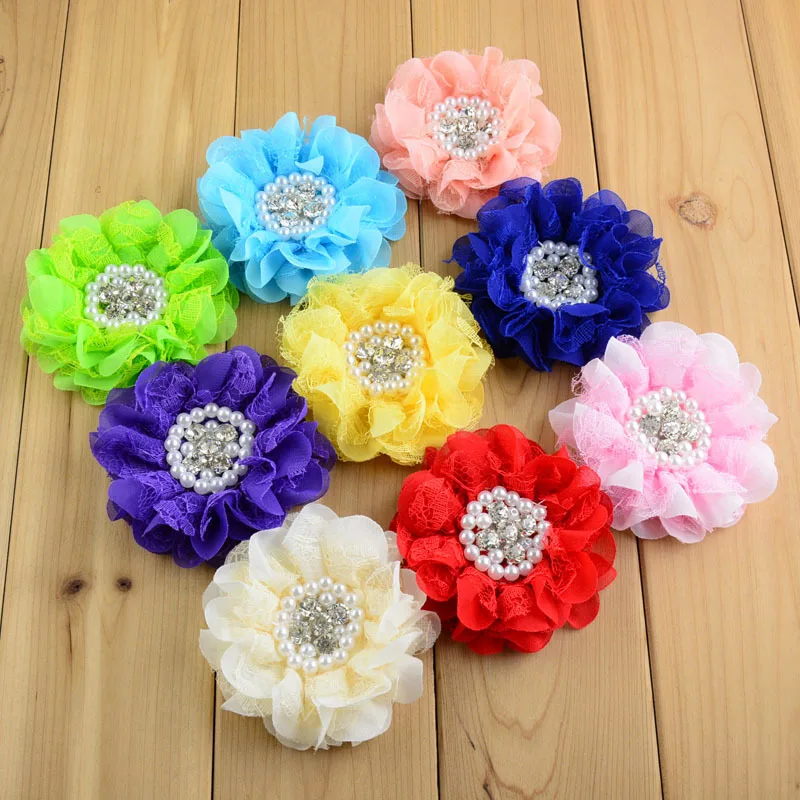 

50pc/lot 3.5" Chiffon Flower Ruffled Chiffon Flower With clips Metallic Chiffon Flower With Rhinestone Center Kids Headwear