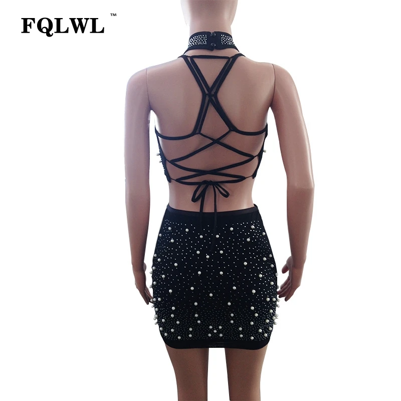 Женское мини платье с открытой спиной FQLWL белое Бандажное жемчужными