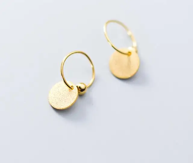 

SMALL 1PAIR 8mm Authentic Real 100% 925 Sterling Silver fine Jewelry Golden Round Coin &Circle dangle Earrings GTLE2367