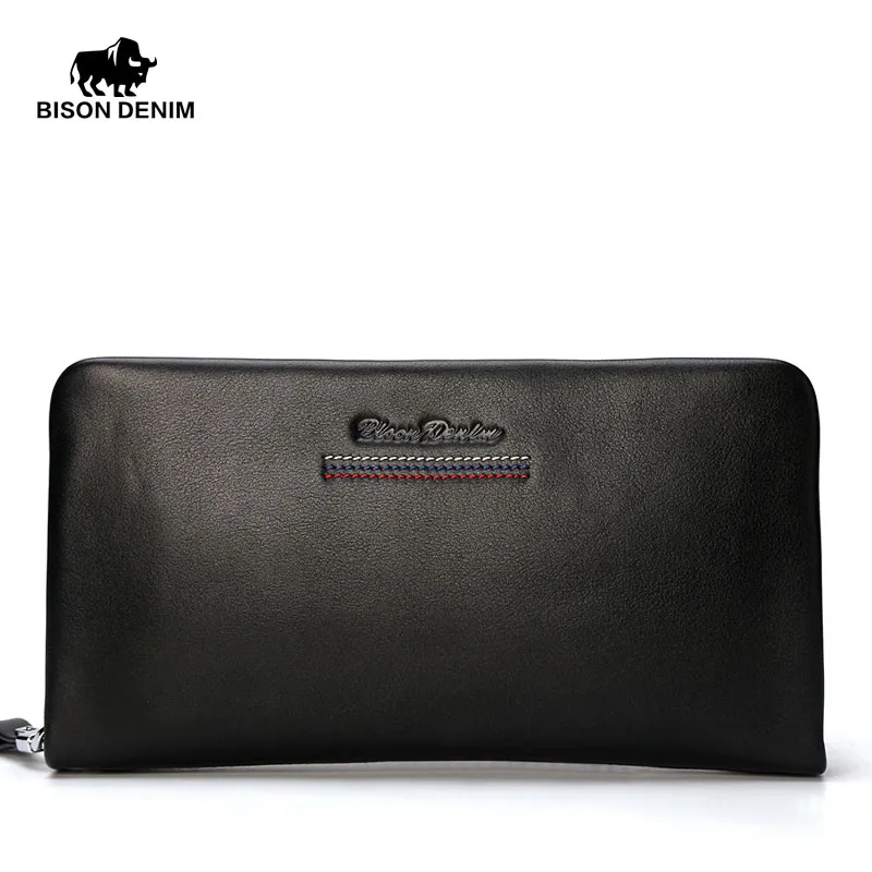 BISON DENIM модные роскошные мужские кошельки Длинные натуральная кожа мужской клатч кошелек брендовый кошелек на молнии