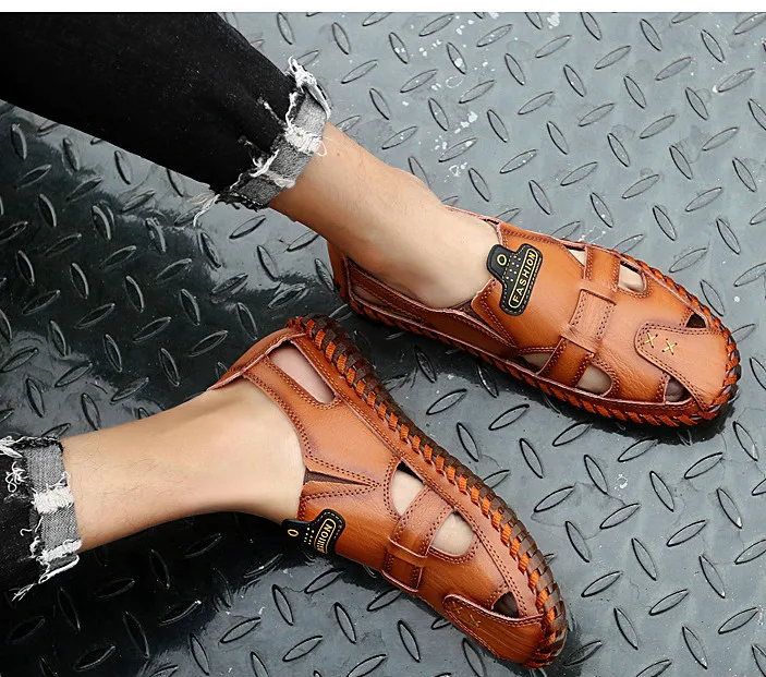 Новинка, мужские сандалии с вырезами, летняя повседневная обувь из натуральной кожи, фирменный дизайн, пляжные мужские сандалии, шлепанцы ручной работы