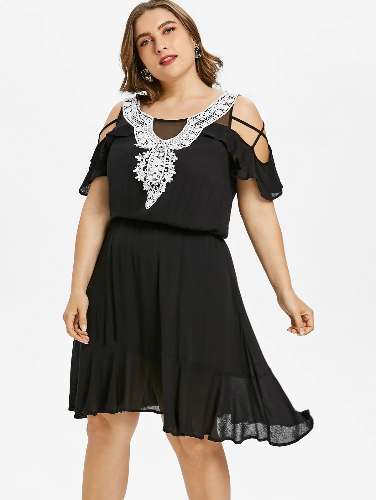 Wipalo Plus Size 5XL Guipure Trim Cold Shoulder Ruffle Dress Women Summer O Neck Short Sleeves Lace A Line Casual Vestidos|Женские