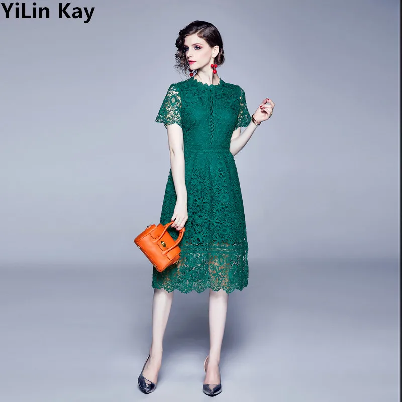 YiLin Kay зеленое/Розовое Кружевное вышитое летнее платье 2019 модное подиумное