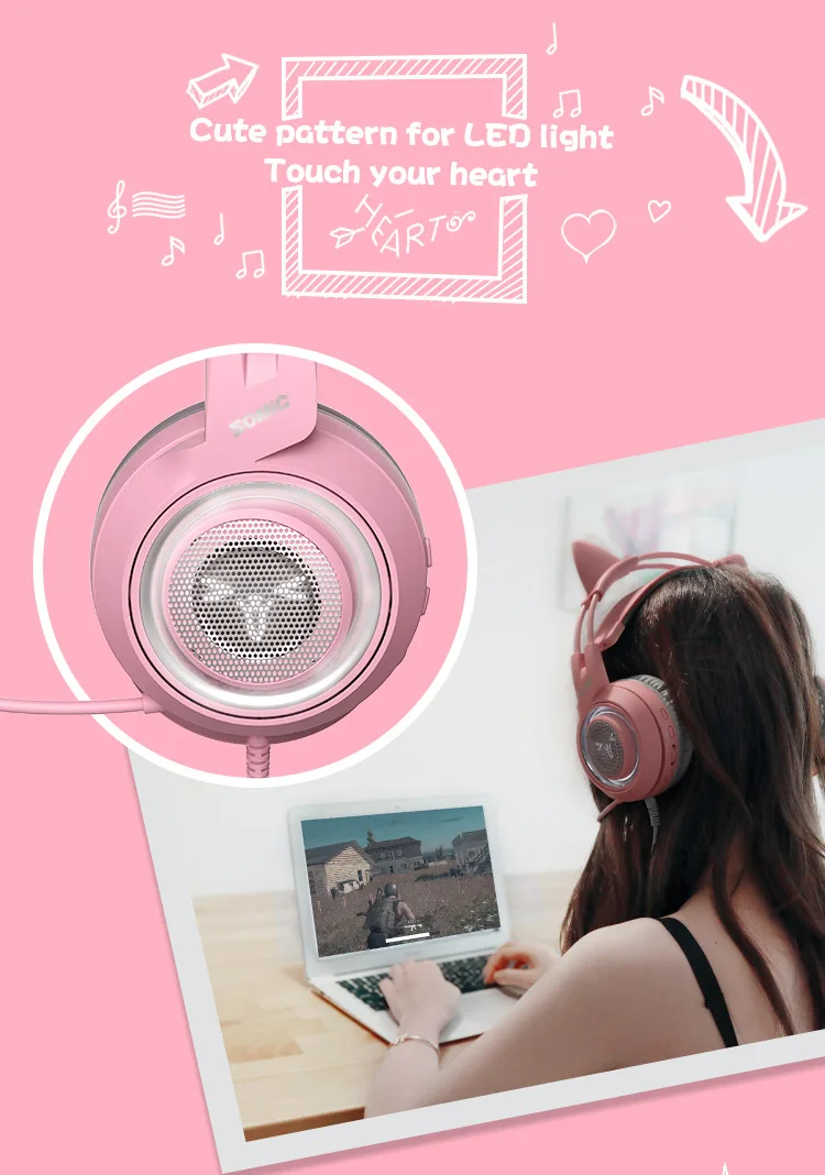 SOMIC G951 розовые наушники с кошачьими ушками Virtual 7,1 с шумоподавлением, игровые наушники, вибрационный светодиодный USB гарнитура, детские наушники для девочек, для ПК