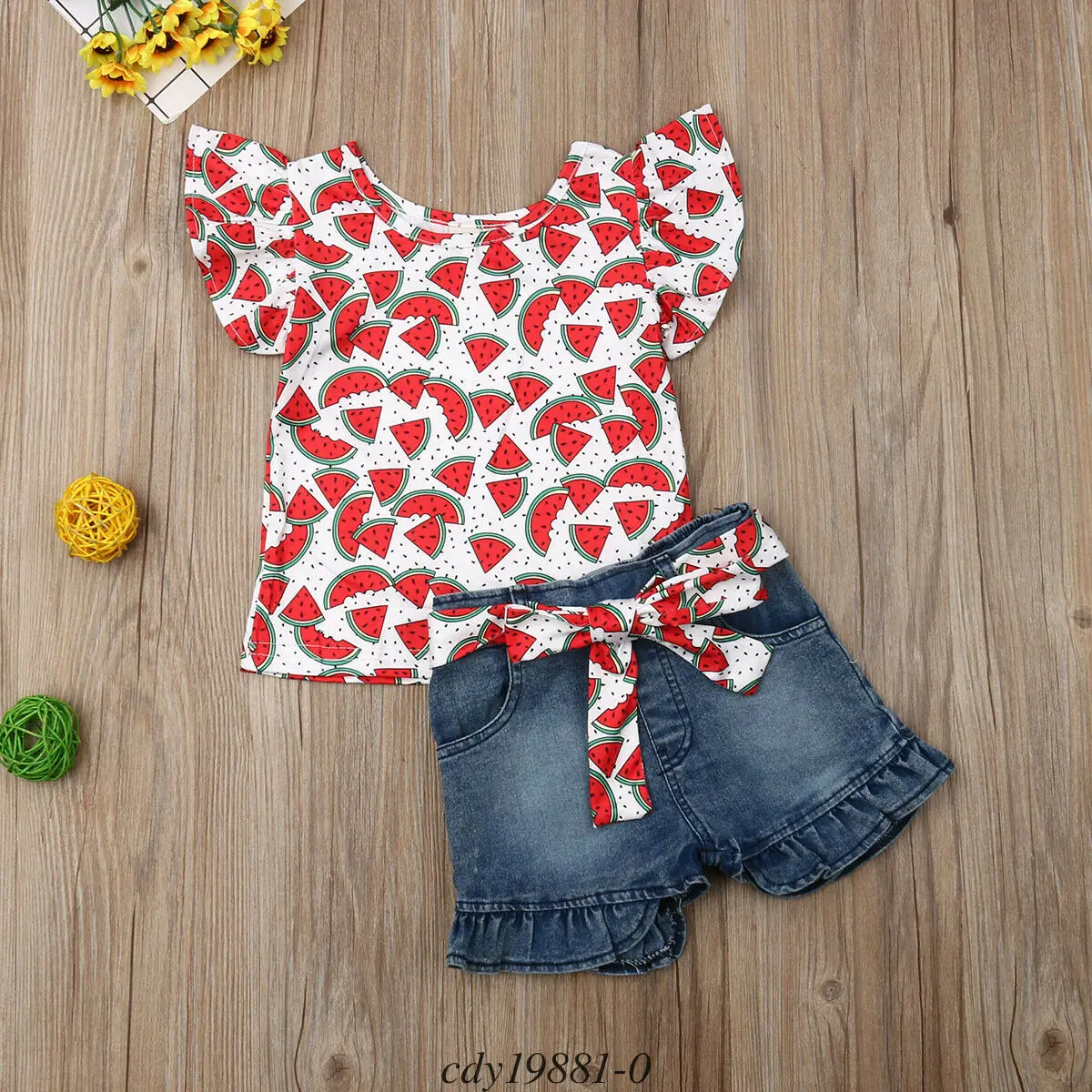 Футболка без рукавов с оборками для маленьких девочек джинсовые штаны комплект