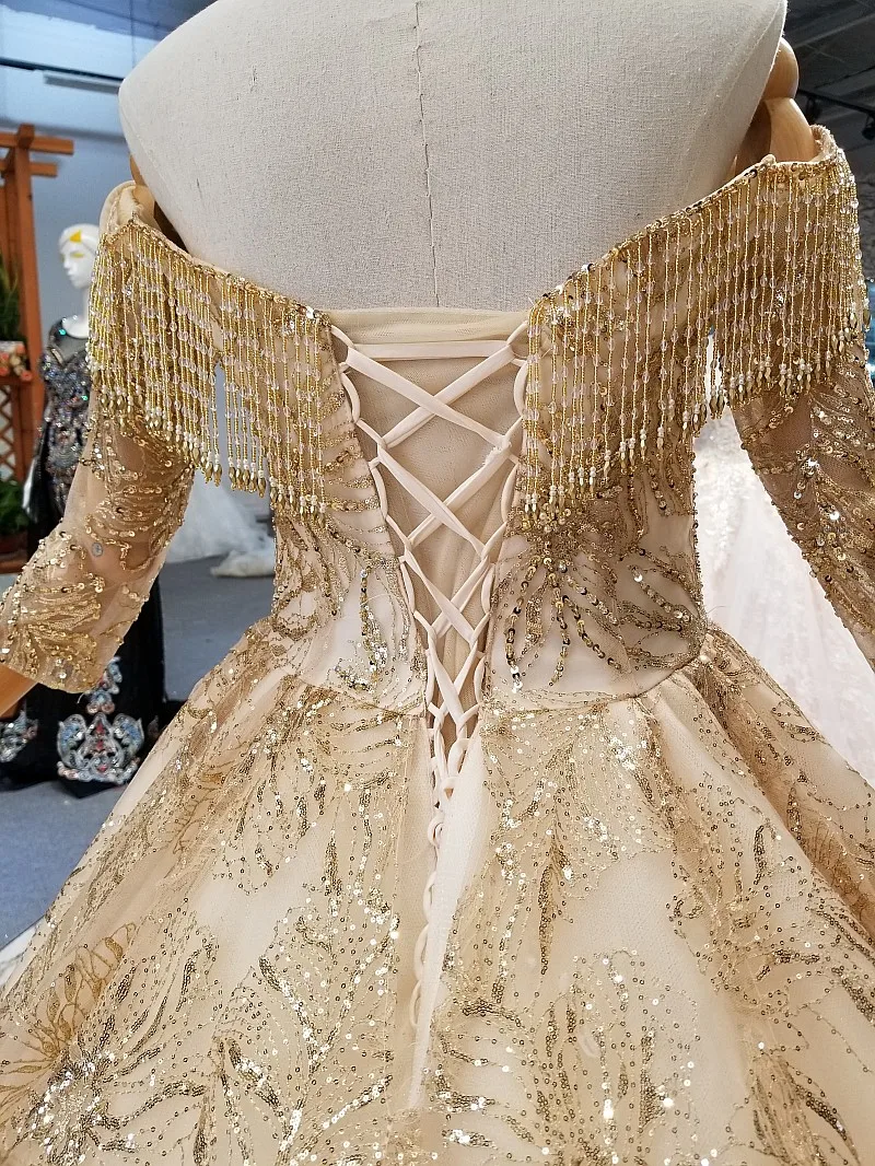 SSYFashion, новинка, роскошное Золотое свадебное платье, винтажное, высокое качество, 3/4 рукав, кружево, блестки, шлейф, вечерние платья для выпускного вечера, Vestido De Noiva