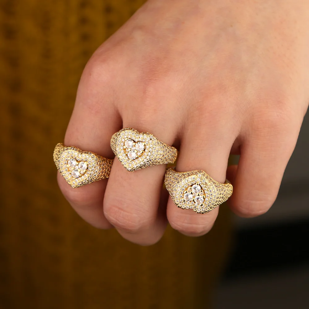 

Новое поступление Золотое заполненное милое кольцо в форме сердца с кубическим цирконием, ювелирные изделия в стиле хип-хоп, модное простое...
