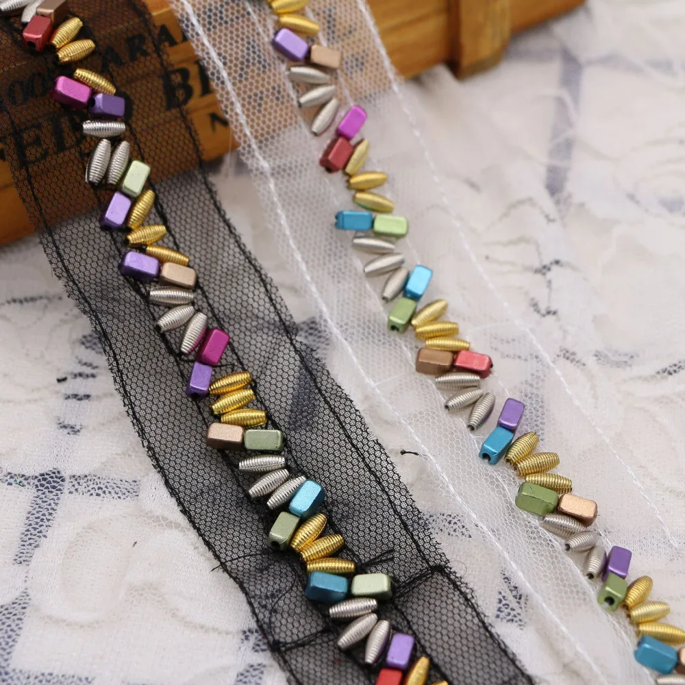 

12Yards Handmade Colorful Beads Lace White Black Mesh Beaded Ribbon Applique Sewing Accessories Crafts For Clothes Wedding Dress
