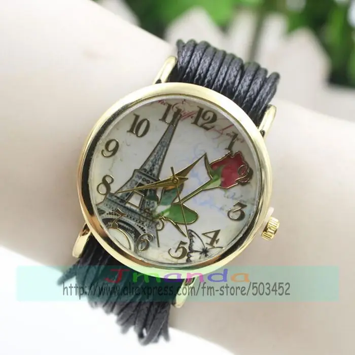 100 шт./лот часы с плетеным шнурком розовым цветком Эйфелевой башней женские