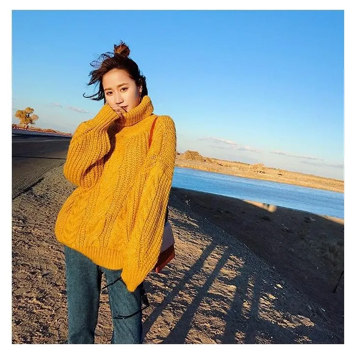 Autumn Winter Women Turtleneck Casual Sweater Loose Coarse Line Knitted Pullovers Fashion Large Size Solid | Женская одежда