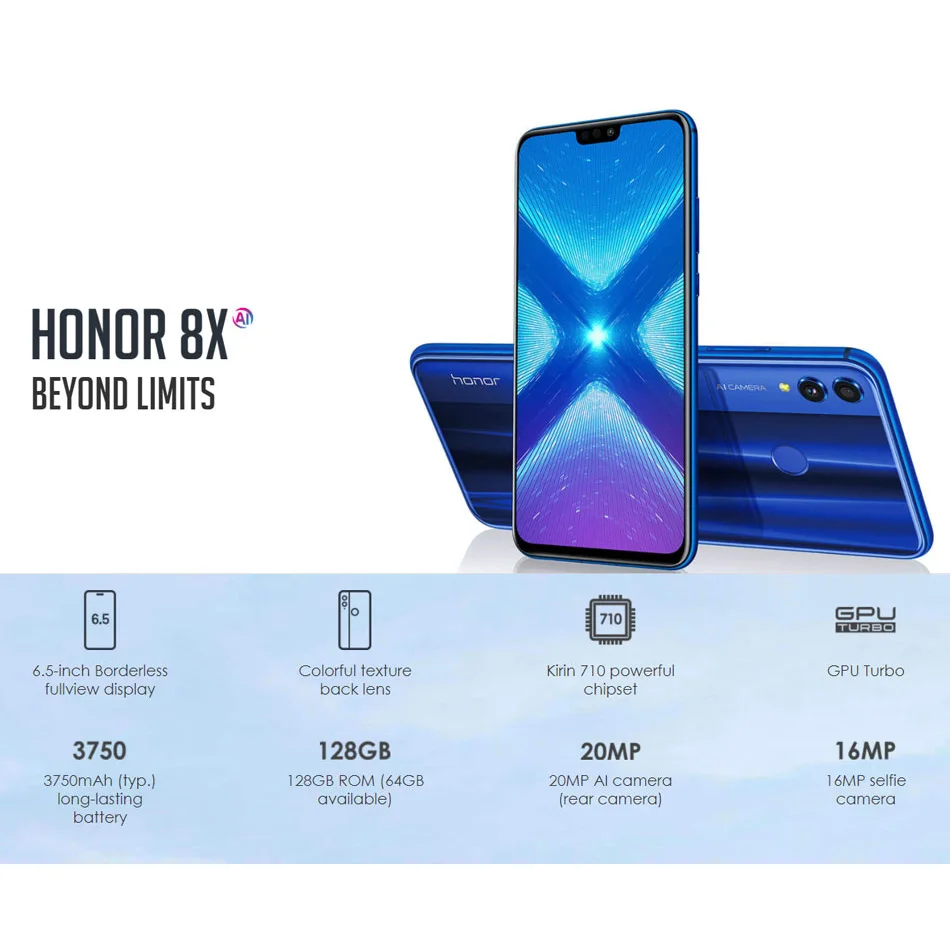 Смартфон с 6 5 дюймовым дисплеем восьмиядерным процессором Honor 8X ОЗУ ГБ ПЗУ 128 20 МП