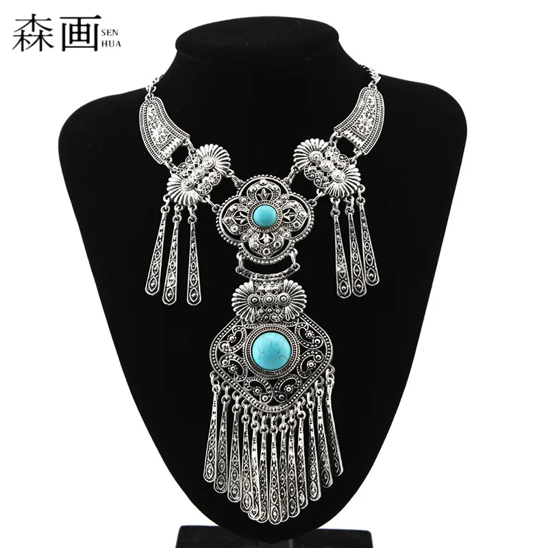 SENHUA Long Necklace for Women's Antique Silver Plated Tassels Statement Necklaces Natural Stone Pendant Sweater Chain MN612 | Украшения