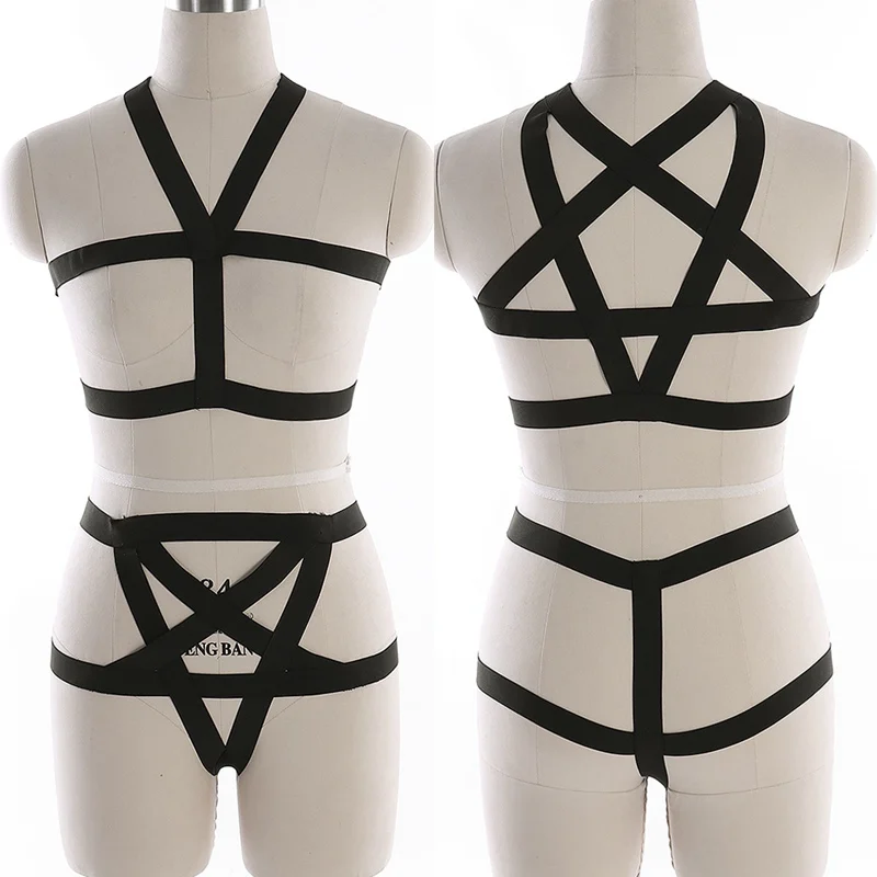 Black O0067 L0004 Body Harness Women Set Belt Garter Black Red Sexy Suit Bondage Cage Bra for Women Elastic Goth Festival Rave Dance Cosplay Wear - Цвет: Black O0067 L0004