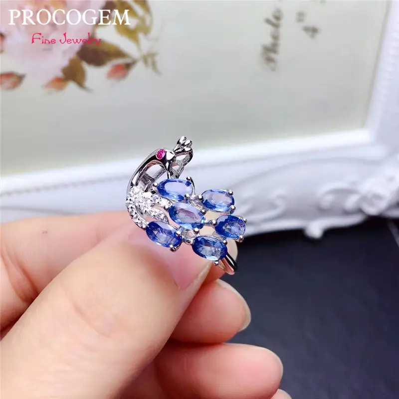 

Natural Sapphire Rings Peacock shape for Women Party Gifts 6Pcs Genuine gems with CZ Fine jewelry 925 Sterling Silver #514