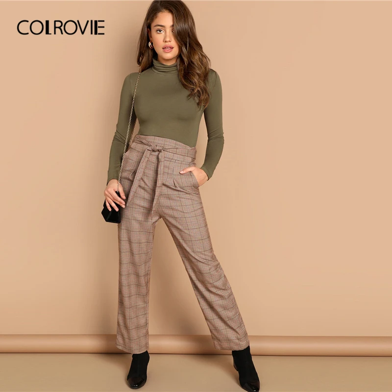 COLROVIE армейский зеленый однотонный приталенный Повседневный Топ с высоким воротом для женщин Весенняя Базовая рубашка с длинным рукавом сексуальные офисные женские топы