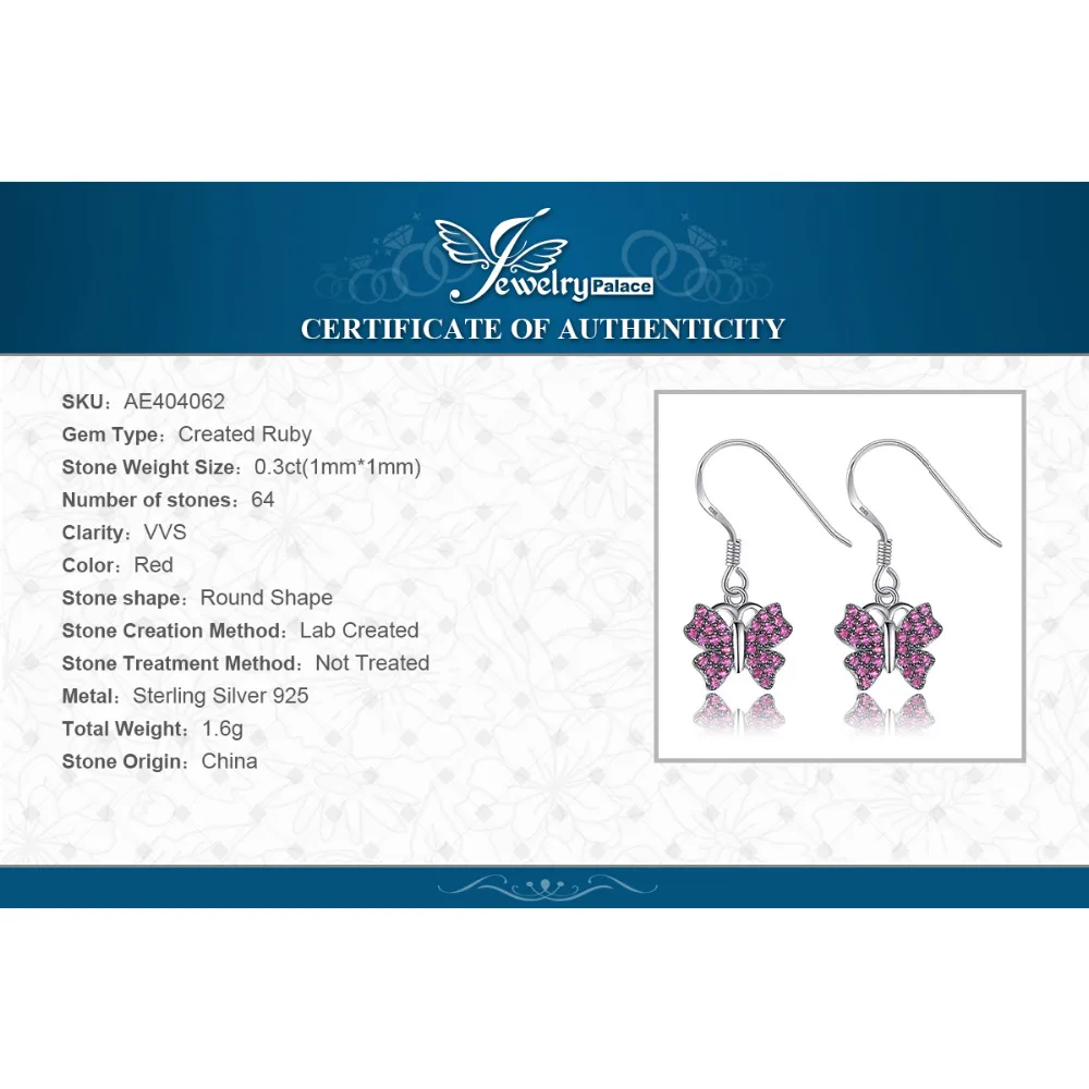 JewelryPalace Fashion 0.3ct Created Red Rubies Pave Butterfly Drop Earrings For Girls 925 Sterling Silver Jewelry Accessories | Украшения и