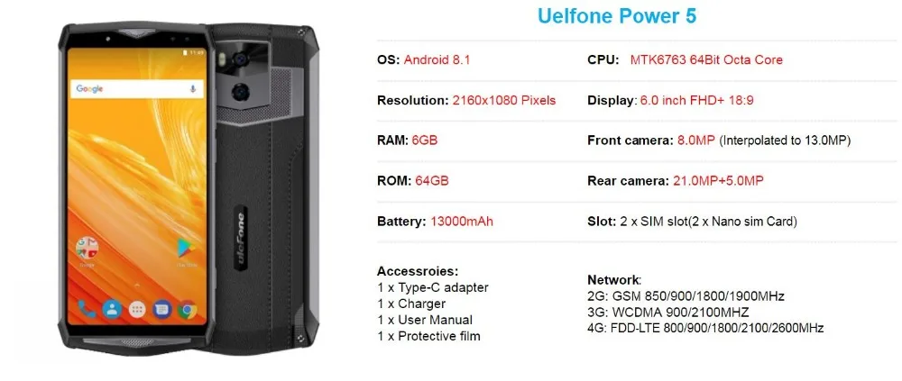 Ulefone power 5, 6 ГБ, 64 ГБ, 13000 мА/ч, Беспроводная зарядка, Восьмиядерный процессор MT6763, 6,0 дюйма, FHD экран, 21 МП, Fingprint, смартфон на Android 8,1