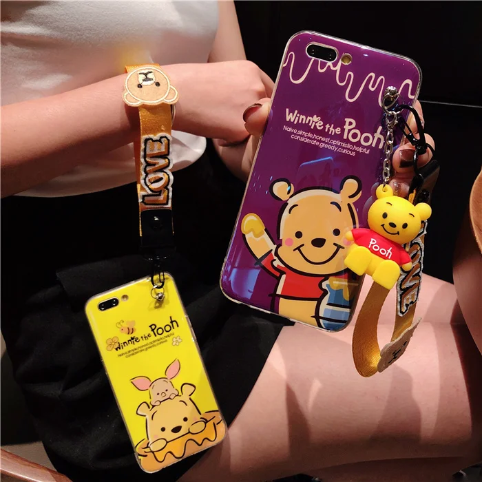 For iPhone 8plus Cute winnie case cartoon bear Soft back cover X 8 7 7plus 6 6S 6Splus phone + toy +Strap |