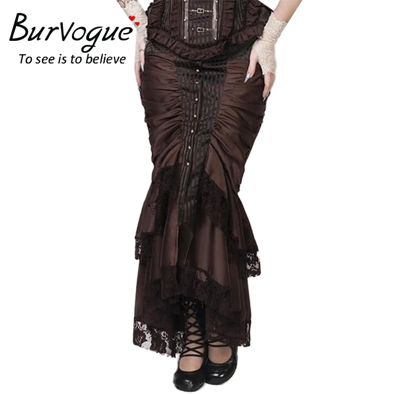 Burvogue Женская коричневая Готическая стимпанк длинная юбка макси викторианская