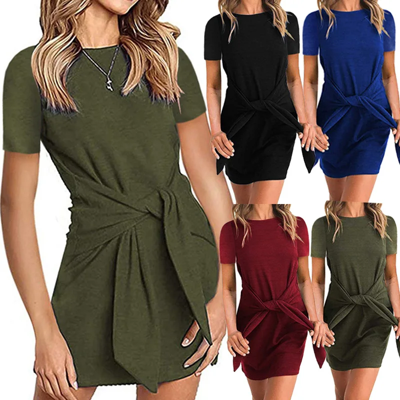 Женское Бандажное платье с поясом Туника мини Vestido длинный рукав двойной круглый