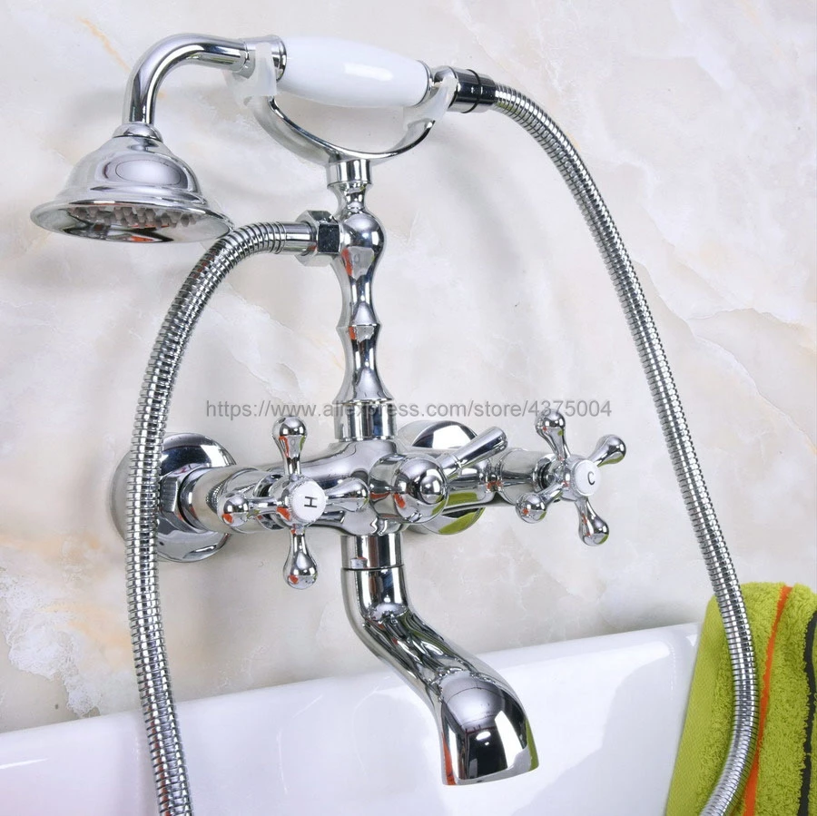 Настенный смеситель для ванны полированный хромированный с двойной ручкой