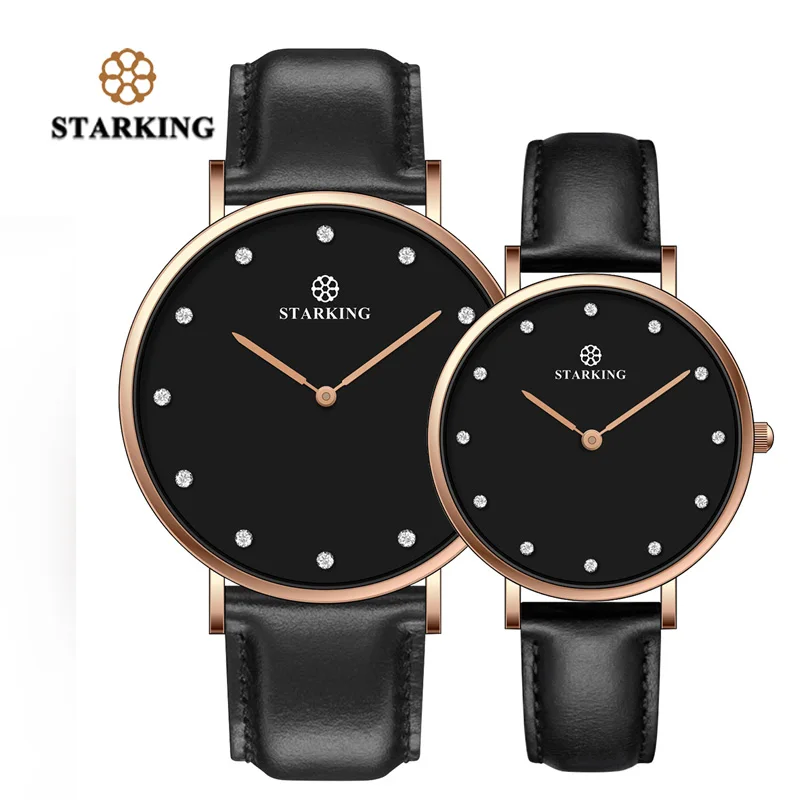 

STARKING Couple Lover Watch Quartz Genuine leather 30M Waterproof Black Simple Watch Men And Women Valentine Day Gifts Hodinky