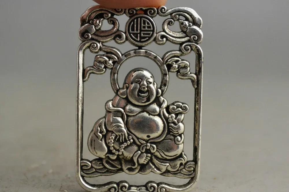 

China Collectible Handwork Old miao silver carving Maitreya Buddha pendant necklace metal handicraft