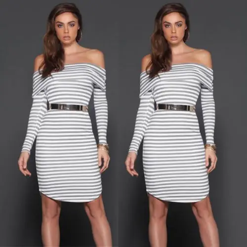 Sexy Women's Bandage Body-con Slash Neck Striped Dresses Long Sleeve Evening Party Short Mini Dress | Женская одежда