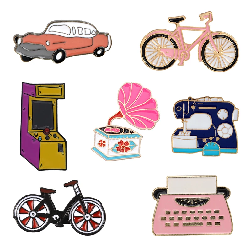 

Retro Game machine Typewriter Phonograph Bicycle Car Sewing machine Enamel Pin Classic Vintage Daily Supplies Brooches Badges