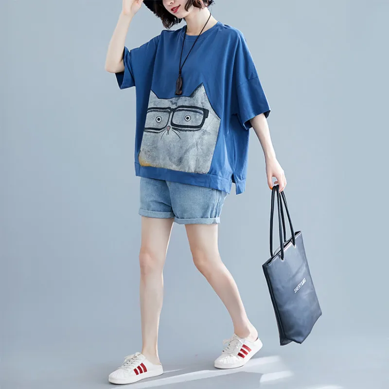 Blue tshirt Футболка размера плюс с рисунком кота из мультфильма Kawaii, женские футболки с графическим принтом, свободная хлопковая футболка с коротким рукавом, Летняя Повседневная футболка, топы - Цвет: Blue tshirt