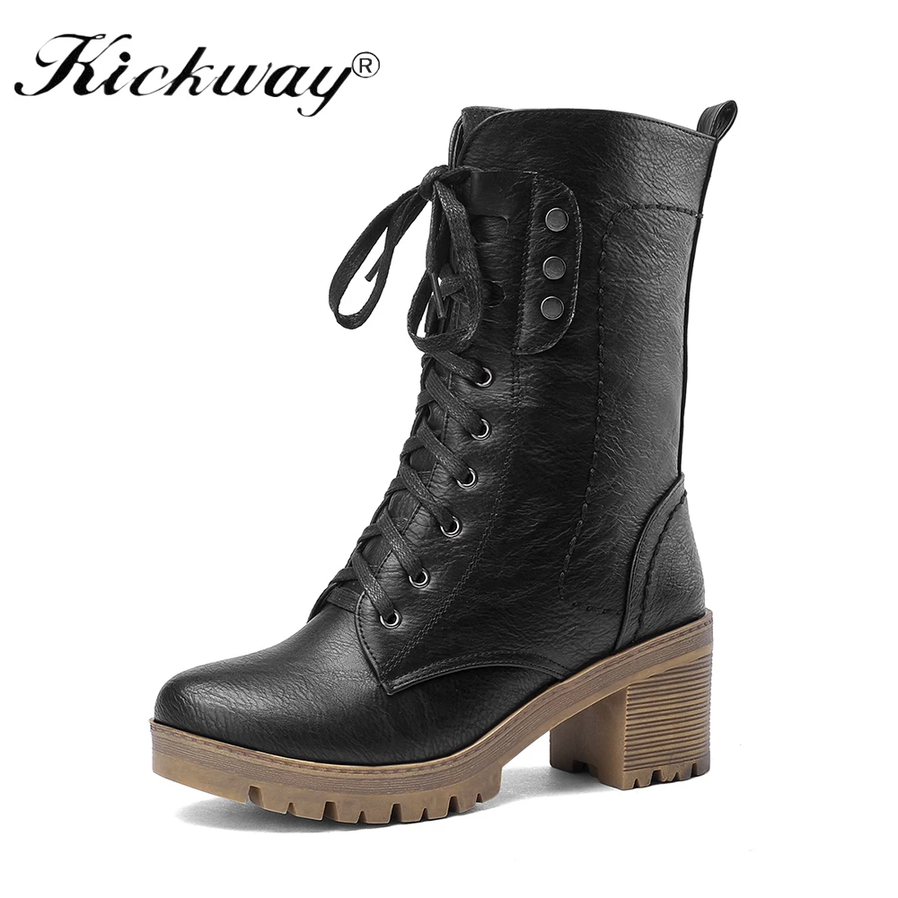 Kickway/Большие размеры 34-43; зимние сапоги; женская обувь из искусственной кожи; зимние сапоги до середины икры; женские сапоги; теплая плюшевая зимняя обувь