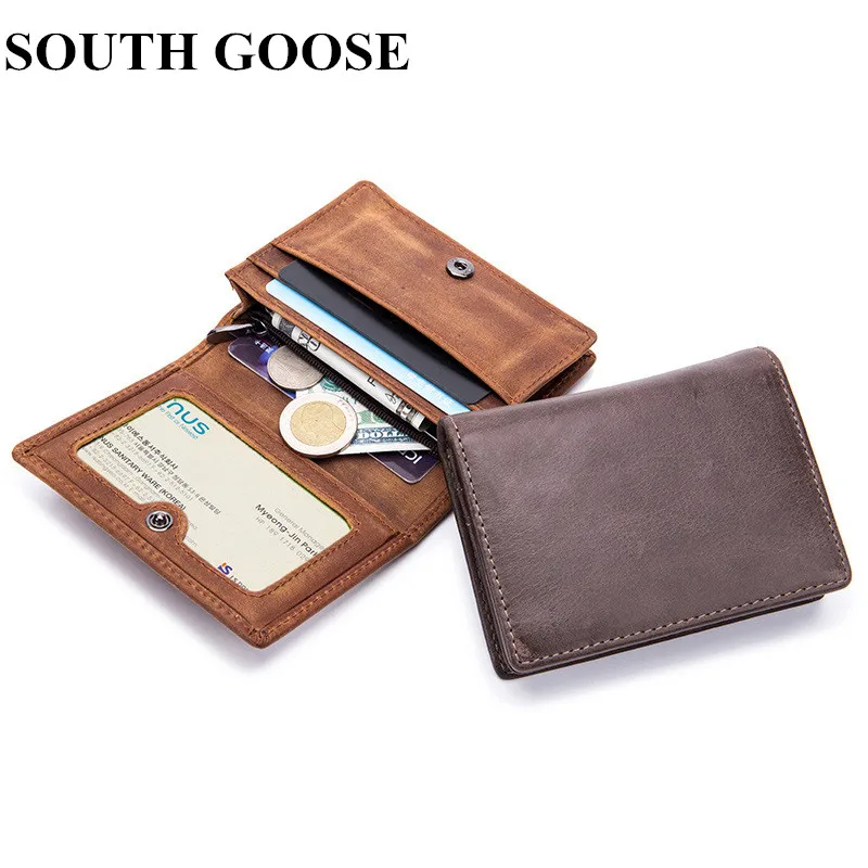

SOUTH GOOSE 2018 New Men Business Card Holder Genuine Leather Short Wallets Women Credit Card Holder Retro Hasp Coin Purses