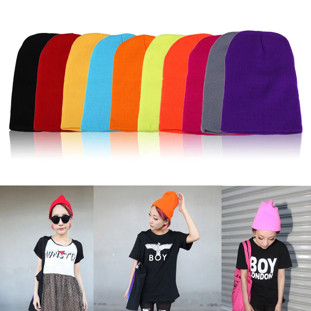 

19 Colors High Quality Hats Female Winter Beanies Solid Candy Color Men Women Warm Cuff Plain Knit Ski Long Beanie Skull Cap