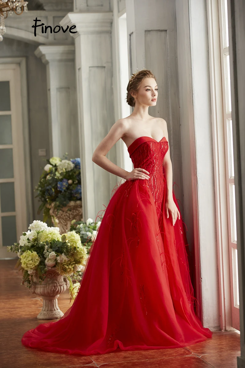 Finove New Elegant Red Prom Dress Sexy Strapless With Feathers Sequins Floor-Length Long A Line Formal Women's Dresses
