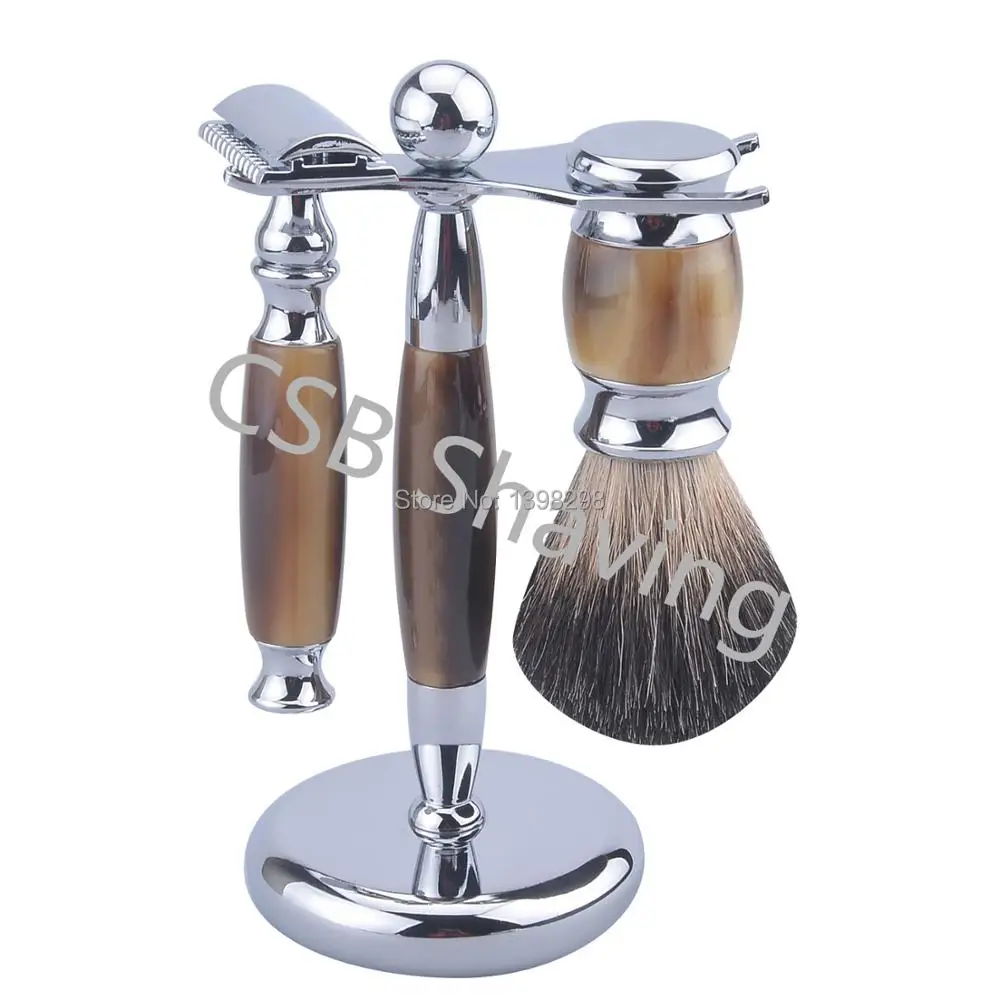 

CSB Luxury Faux Horn Handle Shaving Set Double Edge Safety Shaving Razor Men Badger Hair Brush Stand Holder Kit