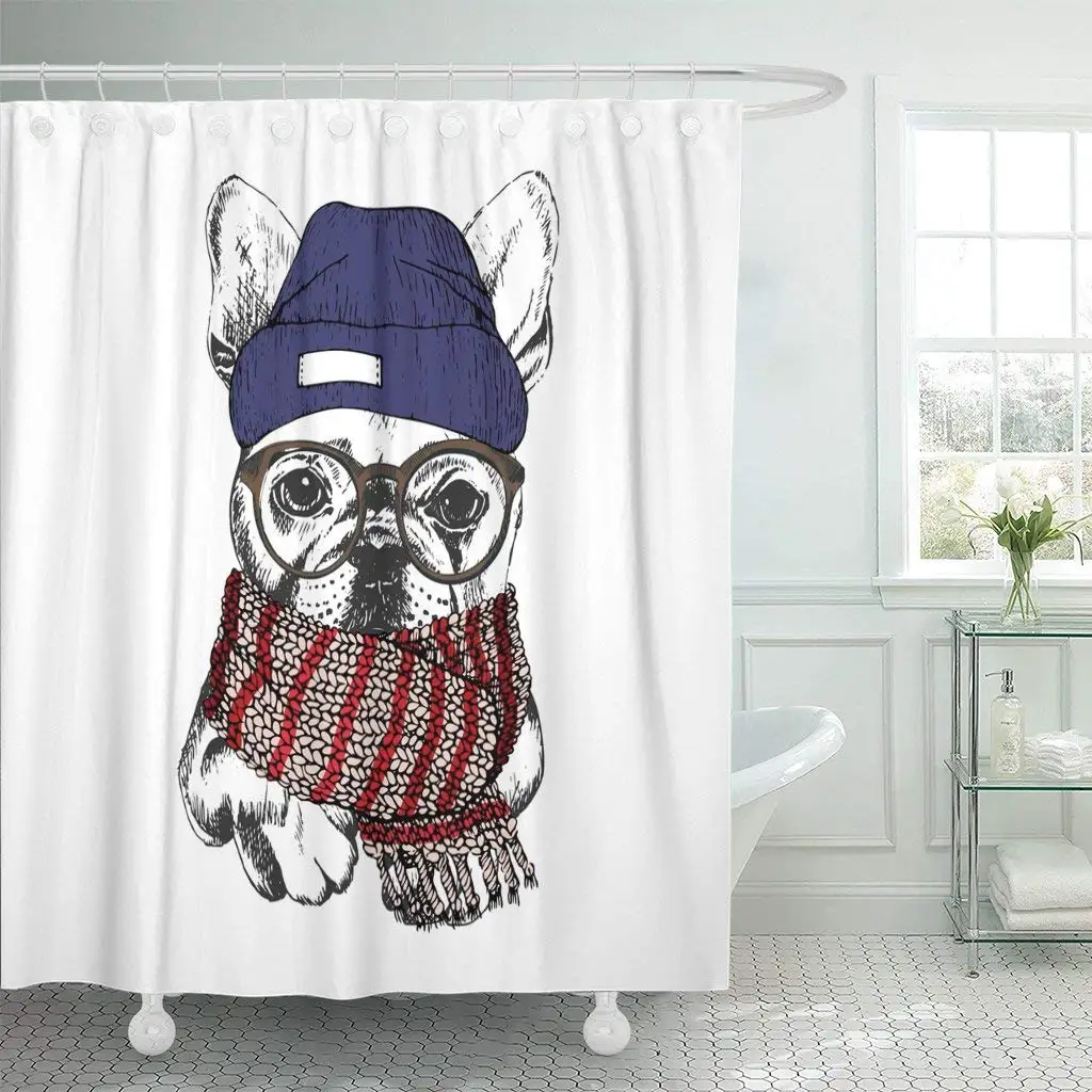 Portrait of Cozy Winter Dog French Bulldog Wearing Knitted Waterproof Polyester Fabric Funny Design Bathroon Curtain | Дом и сад