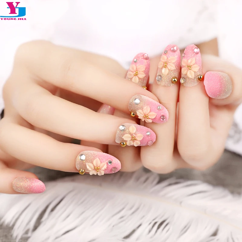 24 шт. накладные ногти с розовым цветком полное покрытие стразы|nail artificial|full cover nail