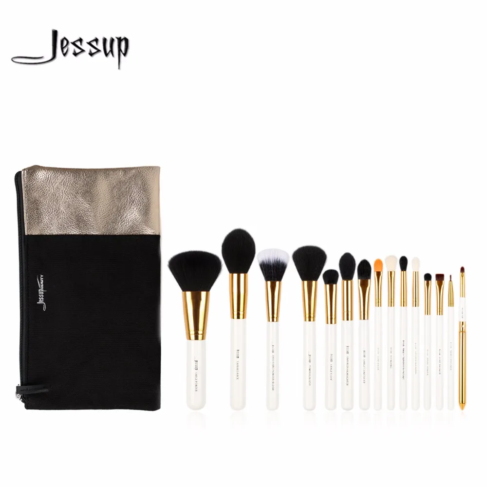 Jessup кисти 15 шт. Красота набор кистей для макияжа инструмент белый и золотой
